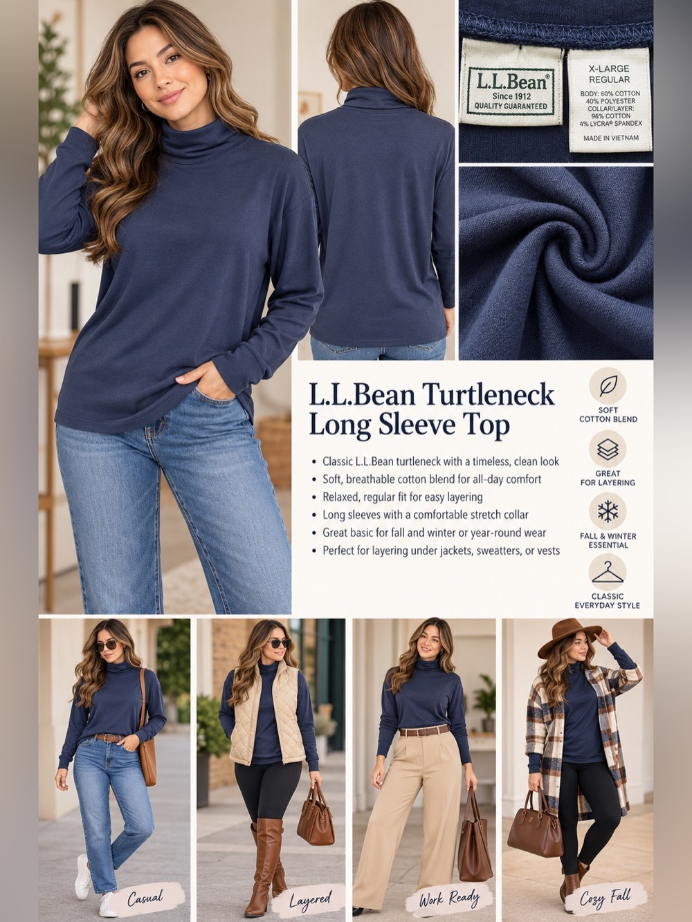 L.L. Bean Turtleneck Size X-Large Blue Long Sleeve Cotton Shirt